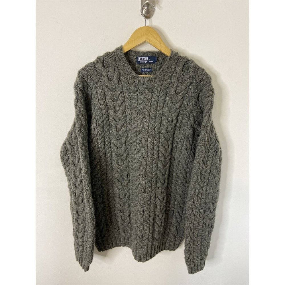 Vintage Polo Ralph Lauren Men M Lambswool 3D Cable Knit Sweater Oversized Heavy